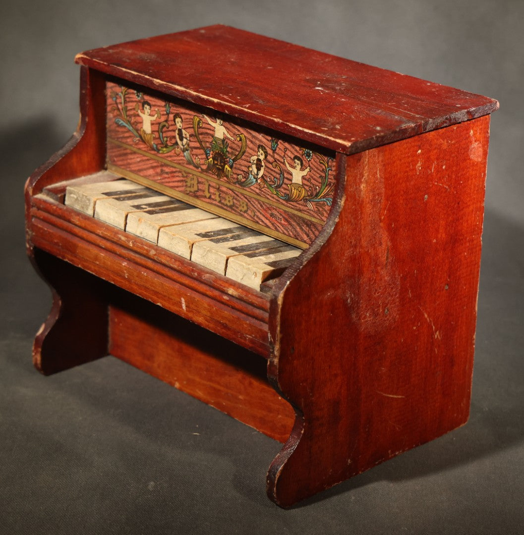 Antique Bliss Wooden Toy Piano with Lithographed Cherub and Scroll Graphics, Eight Keys