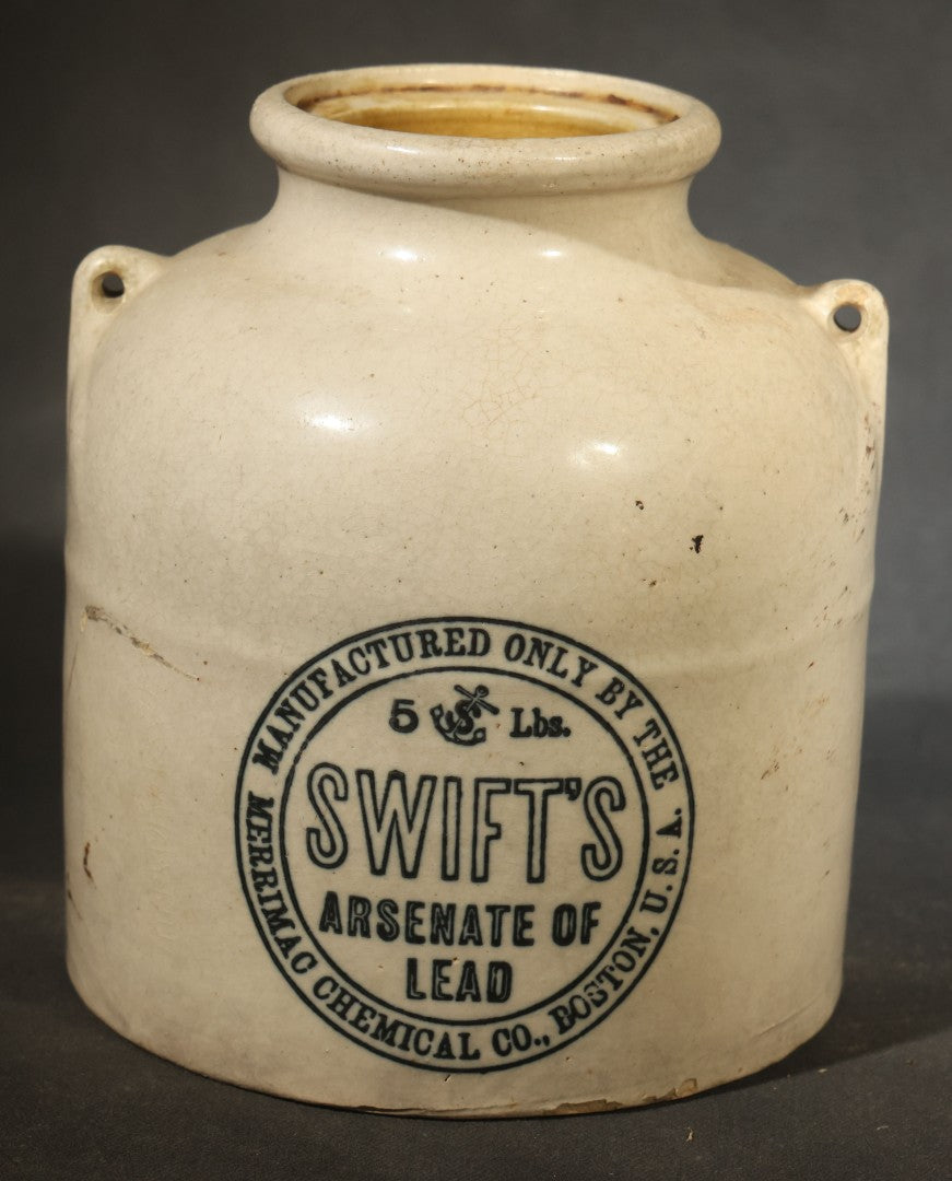 Antique Swift's Arsenate of Lead 5 Lb. Stoneware Crock with Lug Handles, Manufactured by Merrimac Chemical Co., Boston, Massachusetts
