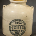Lot 052 - Antique Swift's Arsenate of Lead 5 Lb. Stoneware Crock with Lug Handles, Manufactured by Merrimac Chemical Co., Boston, Massachusetts, 6-1/4" H