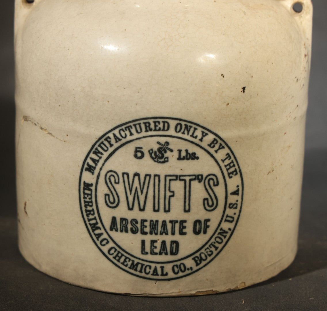 Antique Swift's Arsenate of Lead 5 Lb. Stoneware Crock with Lug Handles, Manufactured by Merrimac Chemical Co., Boston, Massachusetts