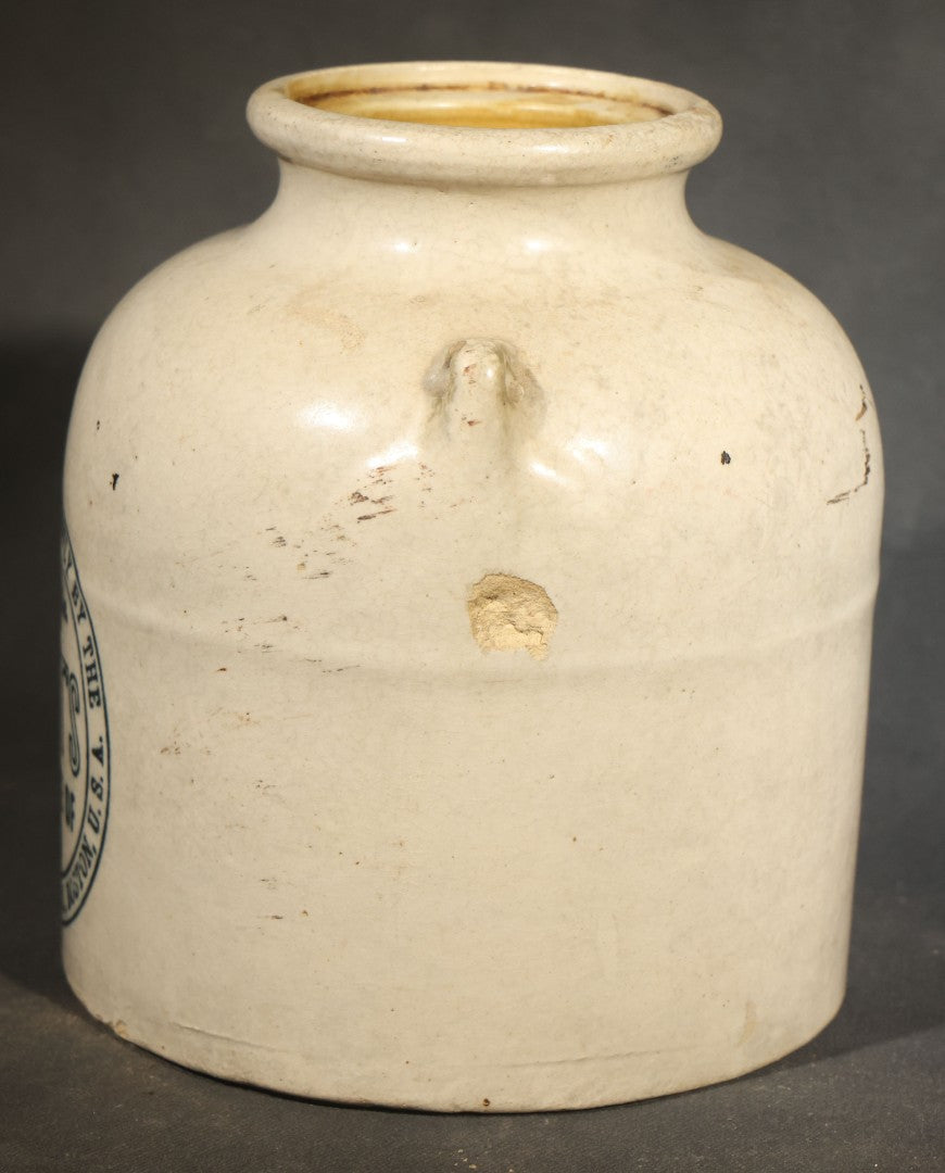 Antique Swift's Arsenate of Lead 5 Lb. Stoneware Crock with Lug Handles, Manufactured by Merrimac Chemical Co., Boston, Massachusetts