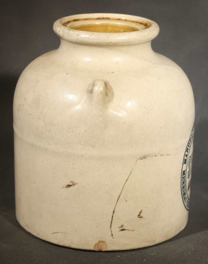 Antique Swift's Arsenate of Lead 5 Lb. Stoneware Crock with Lug Handles, Manufactured by Merrimac Chemical Co., Boston, Massachusetts