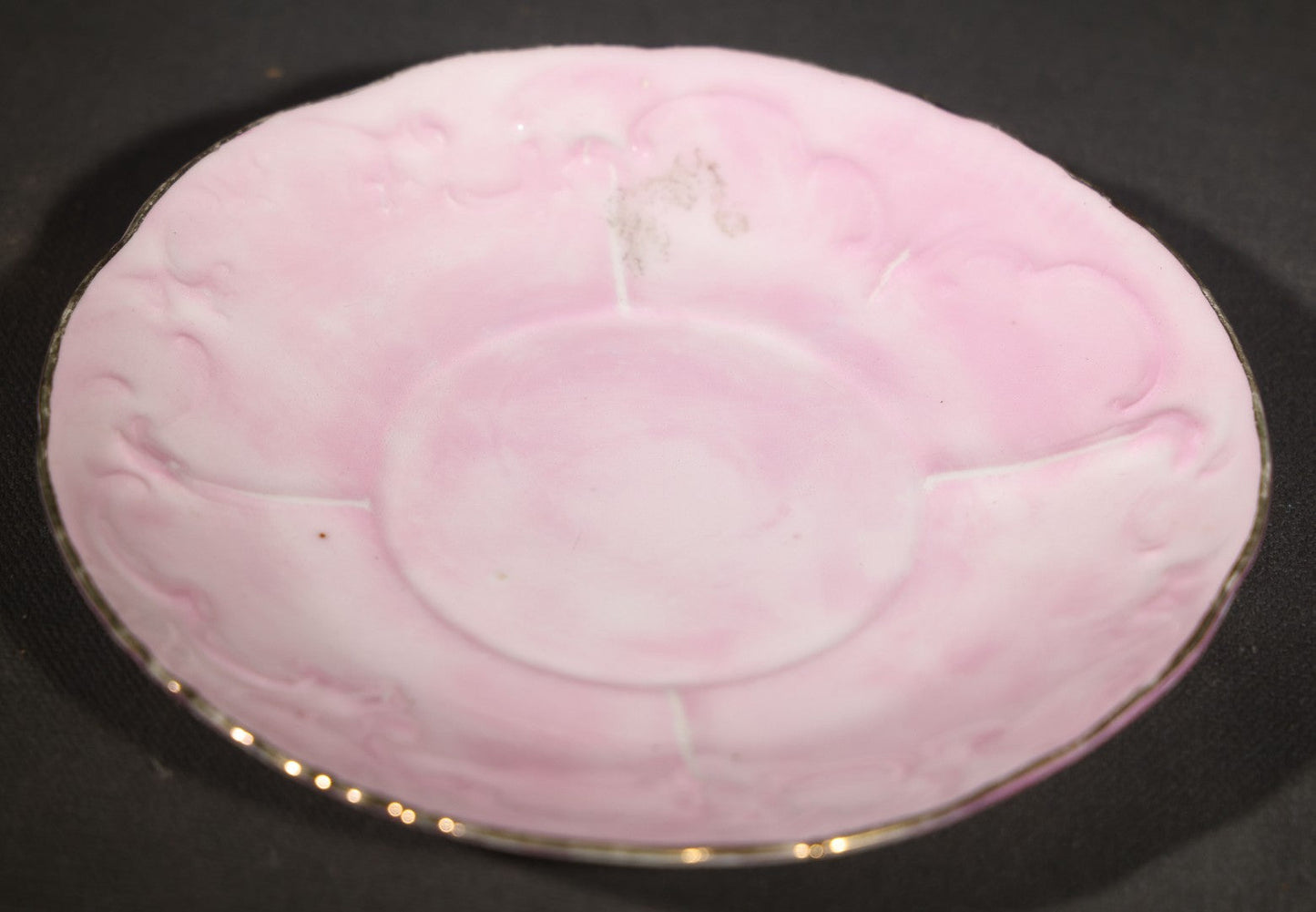 Antique German Pink Porcelain Demitasse Cup and Saucer with Anthropomorphic Cats in a Rowboat, Note Chip to Handle