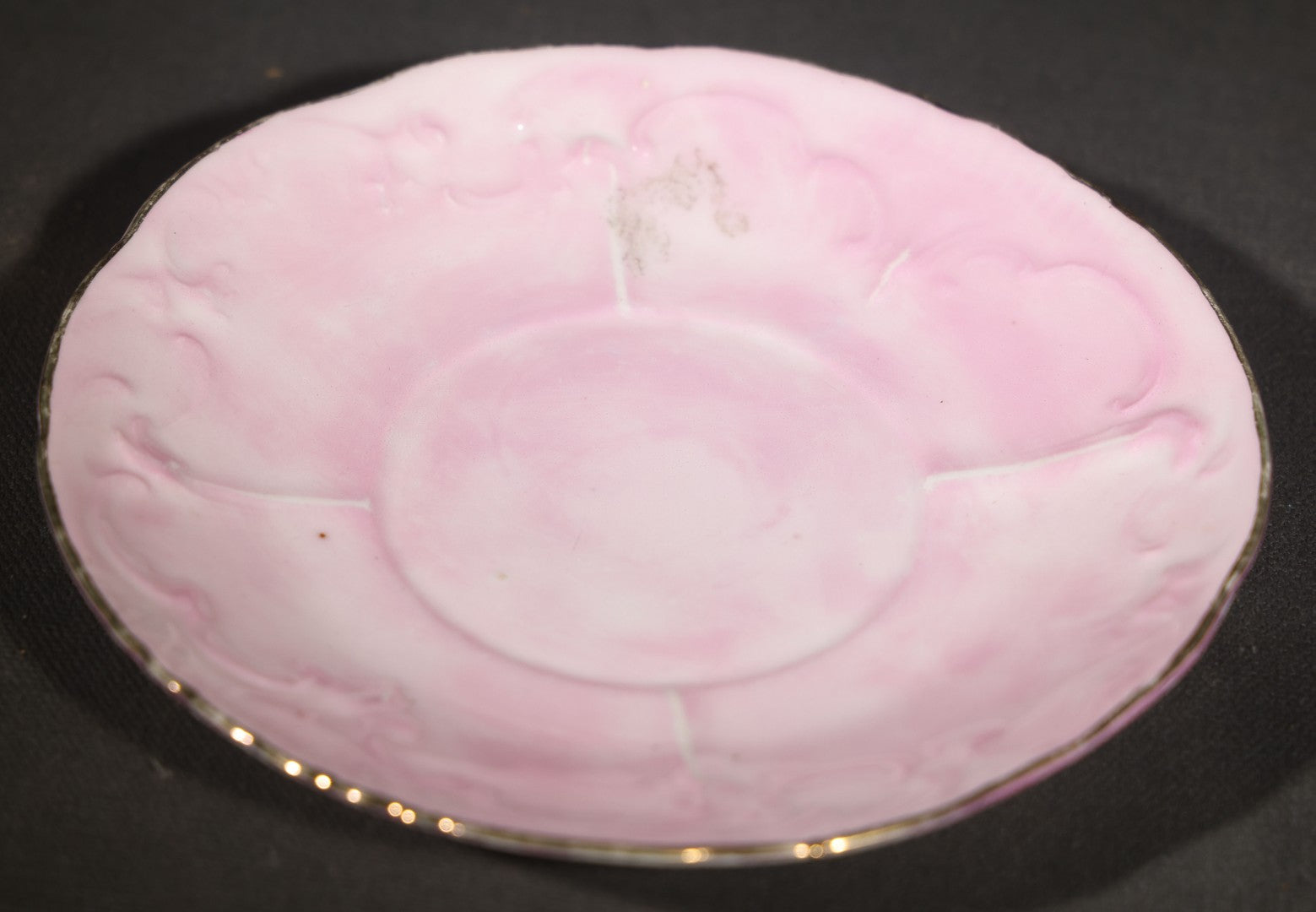 Antique German Pink Porcelain Demitasse Cup and Saucer with Anthropomorphic Cats in a Rowboat, Note Chip to Handle