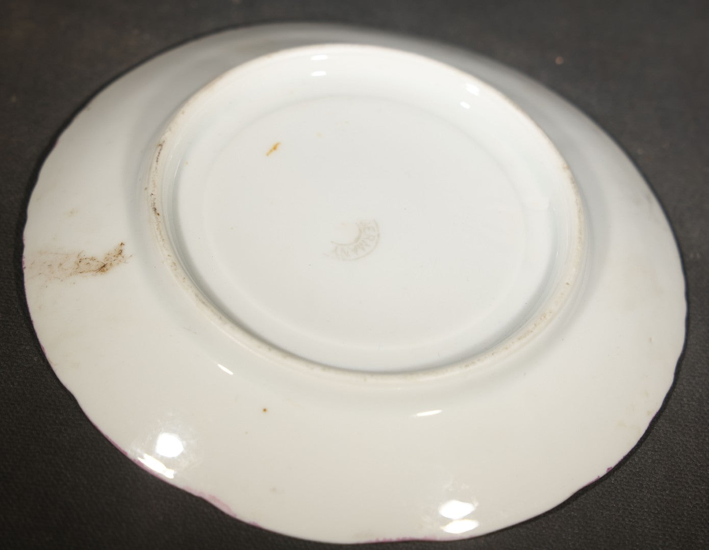 Antique German Pink Porcelain Demitasse Cup and Saucer with Anthropomorphic Cats in a Rowboat, Note Chip to Handle