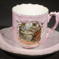 Lot 054 - Antique German Pink Porcelain Demitasse Cup and Saucer with Anthropomorphic Cats Playing Cards, Note Chip to Handle, 2-1/2" H