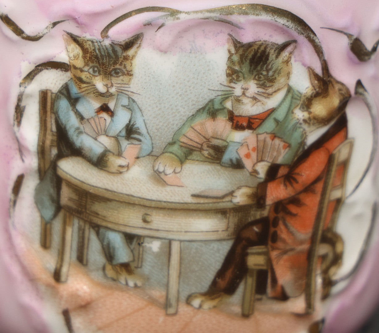 Antique German Pink Porcelain Demitasse Cup and Saucer with Anthropomorphic Cats Playing Cards, Note Chip to Handle