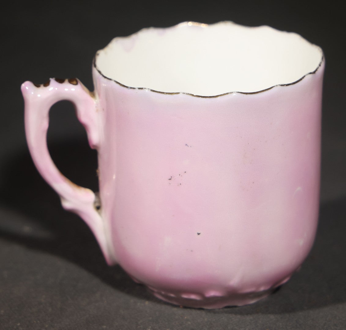 Antique German Pink Porcelain Demitasse Cup and Saucer with Anthropomorphic Cats Playing Cards, Note Chip to Handle