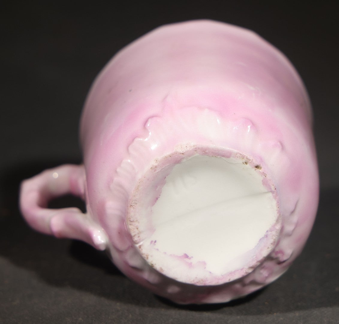 Antique German Pink Porcelain Demitasse Cup and Saucer with Anthropomorphic Cats Playing Cards, Note Chip to Handle