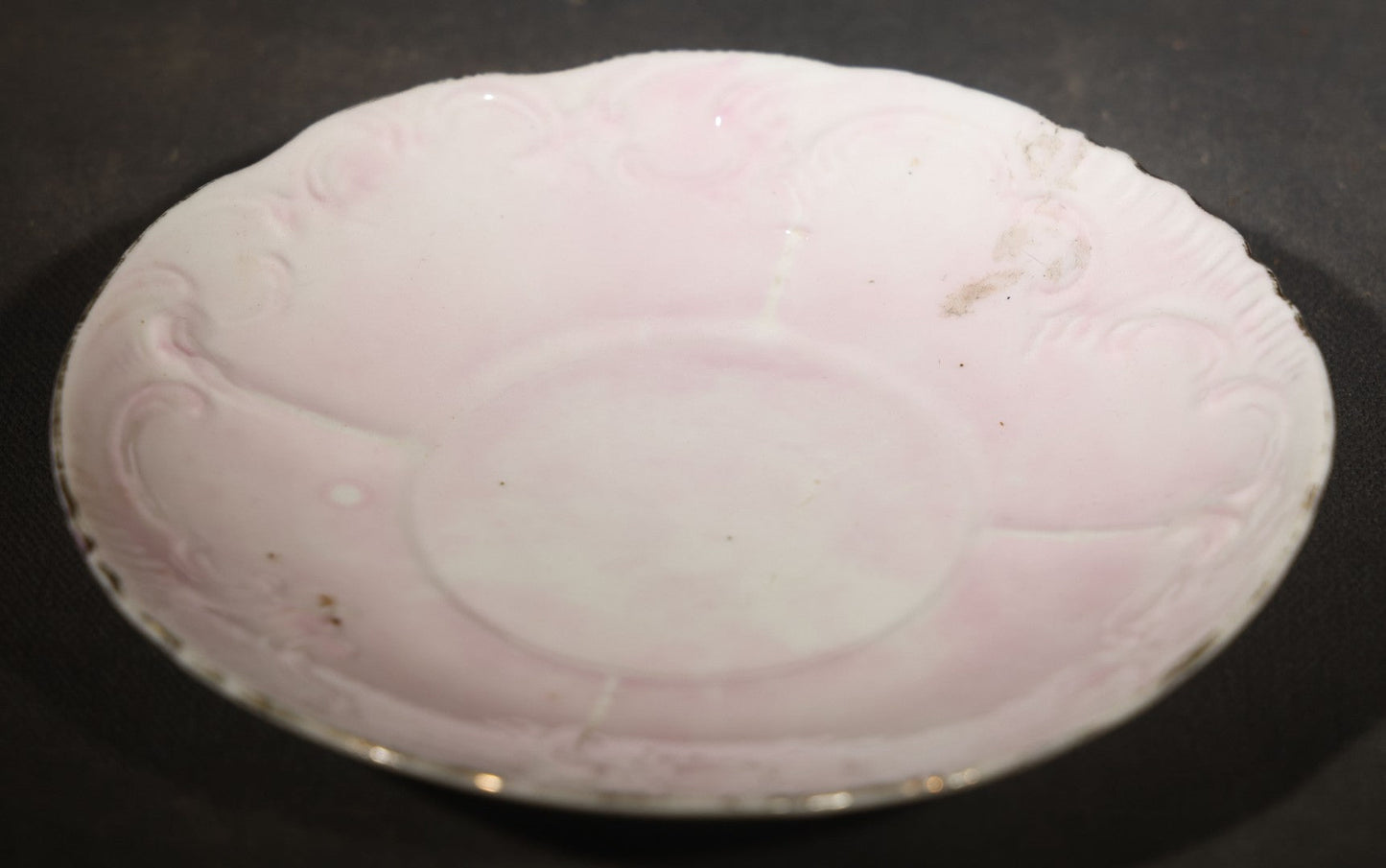 Antique German Pink Porcelain Demitasse Cup and Saucer with Anthropomorphic Cats Playing Cards, Note Chip to Handle
