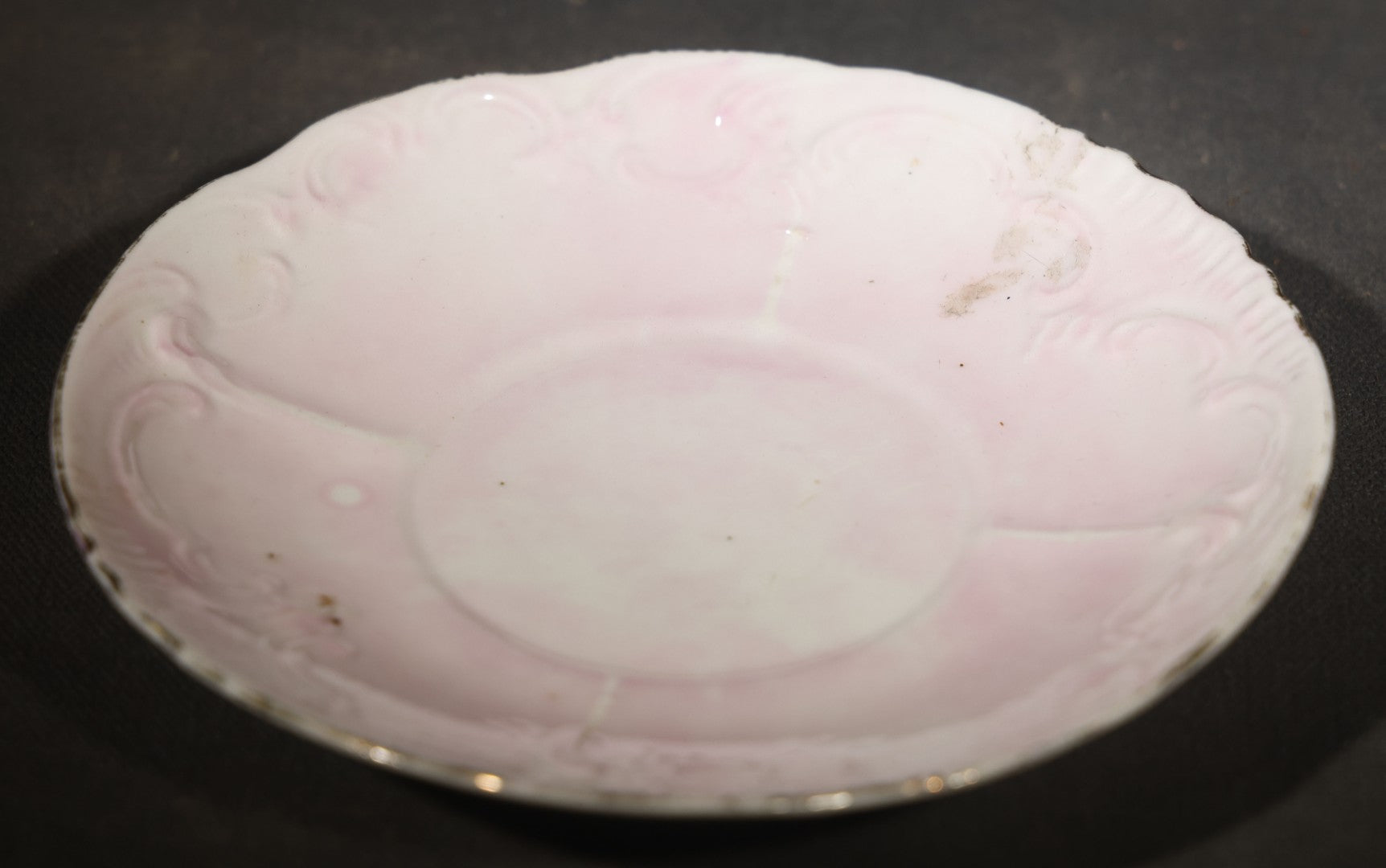 Antique German Pink Porcelain Demitasse Cup and Saucer with Anthropomorphic Cats Playing Cards, Note Chip to Handle