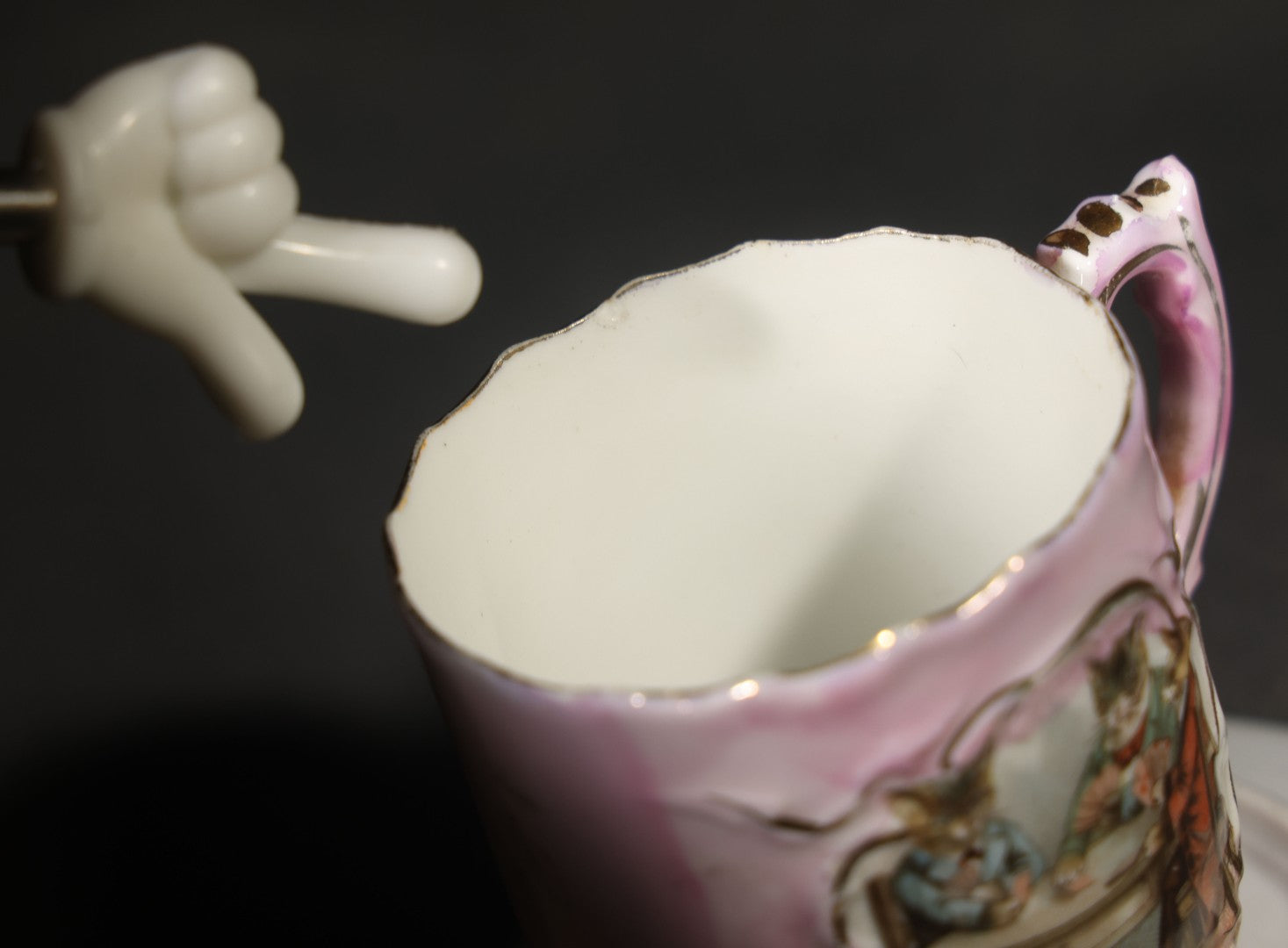 Antique German Pink Porcelain Demitasse Cup and Saucer with Anthropomorphic Cats Playing Cards, Note Chip to Handle