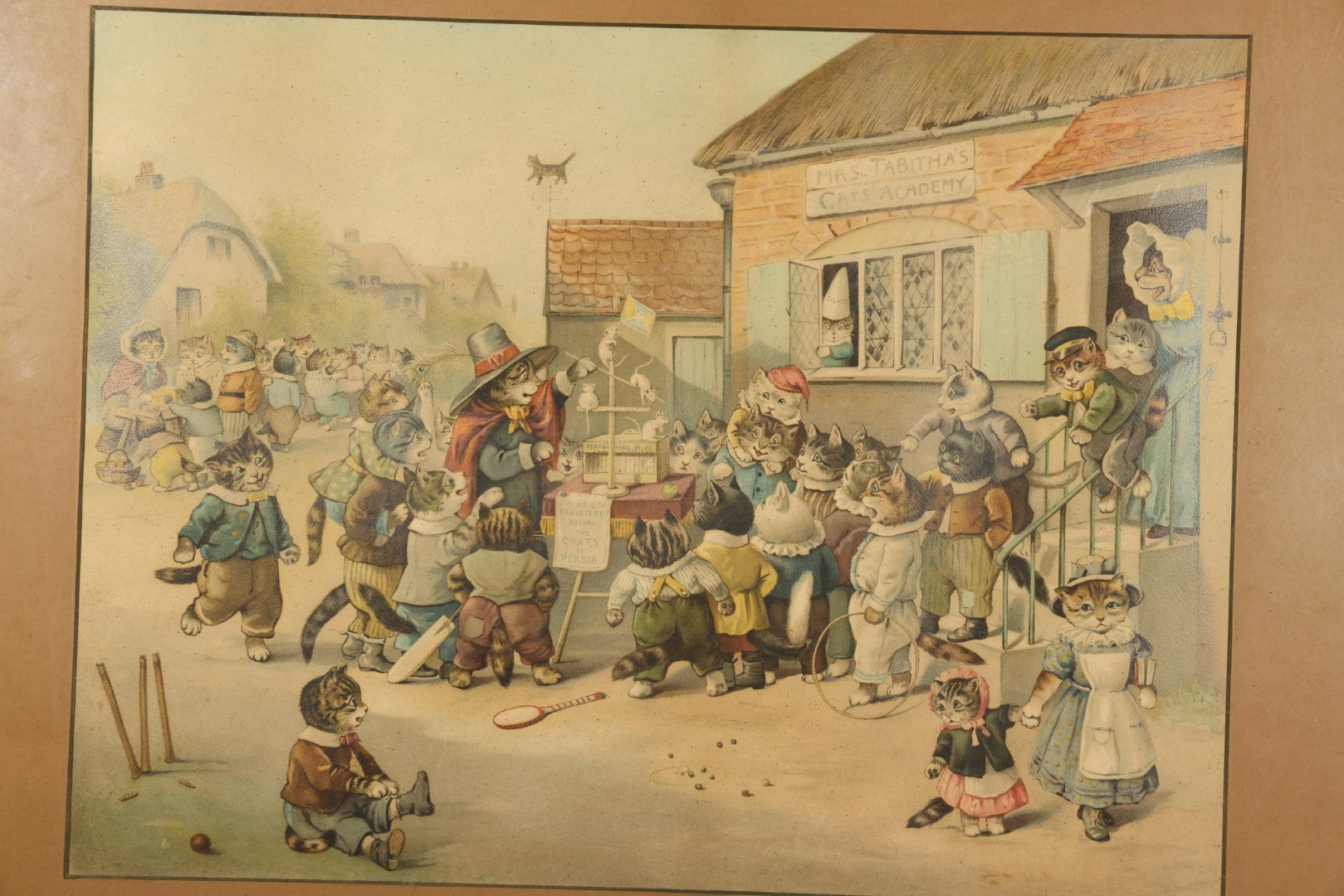 Antique Framed Louis Wain Chromolithograph Print, "Mrs. Tabitha's Cats Academy" with Anthropomorphic Cats Children Watching Performing Mice Show