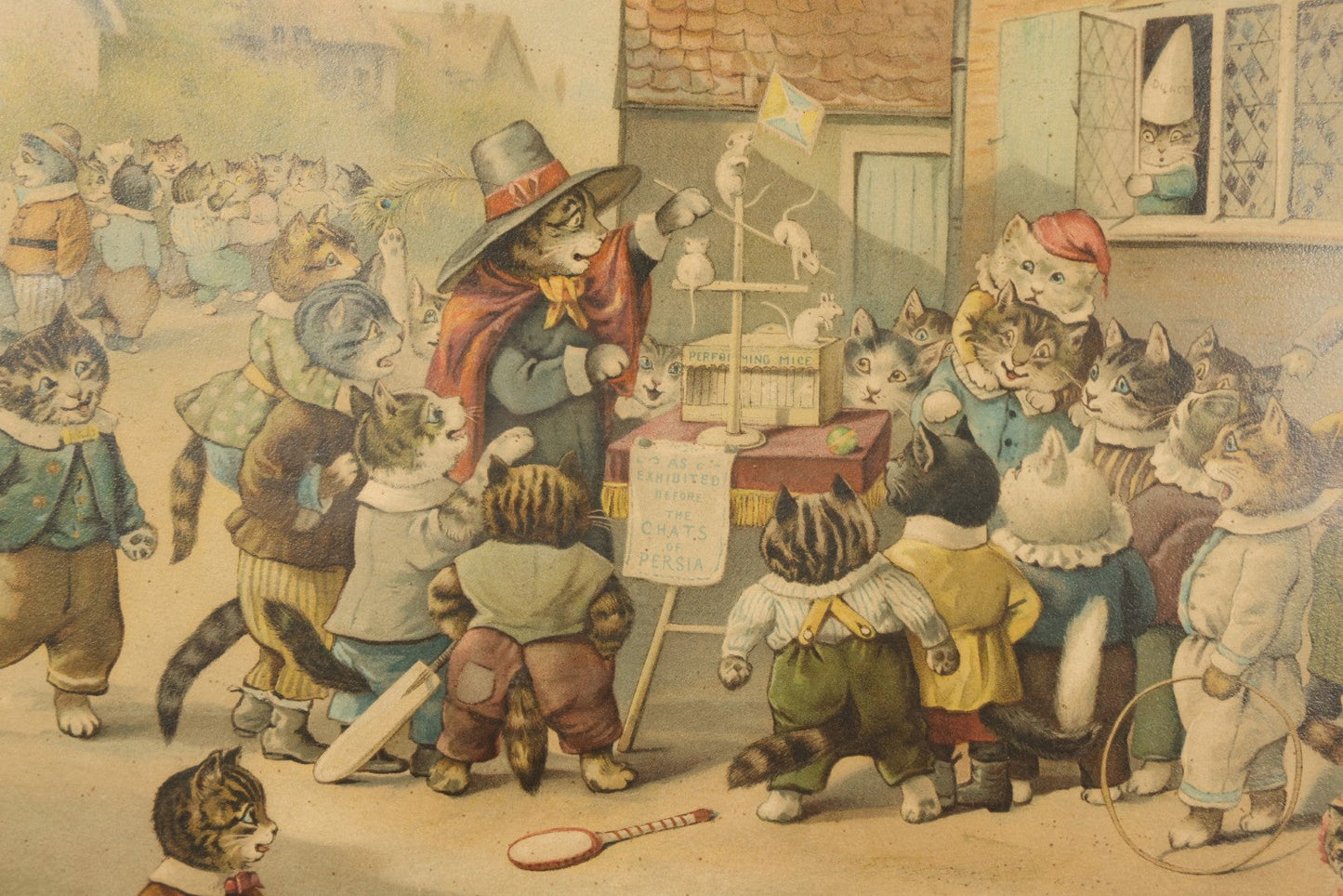 Antique Framed Louis Wain Chromolithograph Print, "Mrs. Tabitha's Cats Academy" with Anthropomorphic Cats Children Watching Performing Mice Show