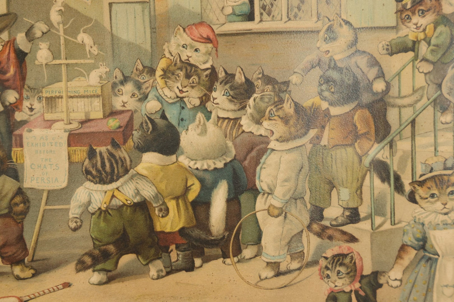 Antique Framed Louis Wain Chromolithograph Print, "Mrs. Tabitha's Cats Academy" with Anthropomorphic Cats Children Watching Performing Mice Show