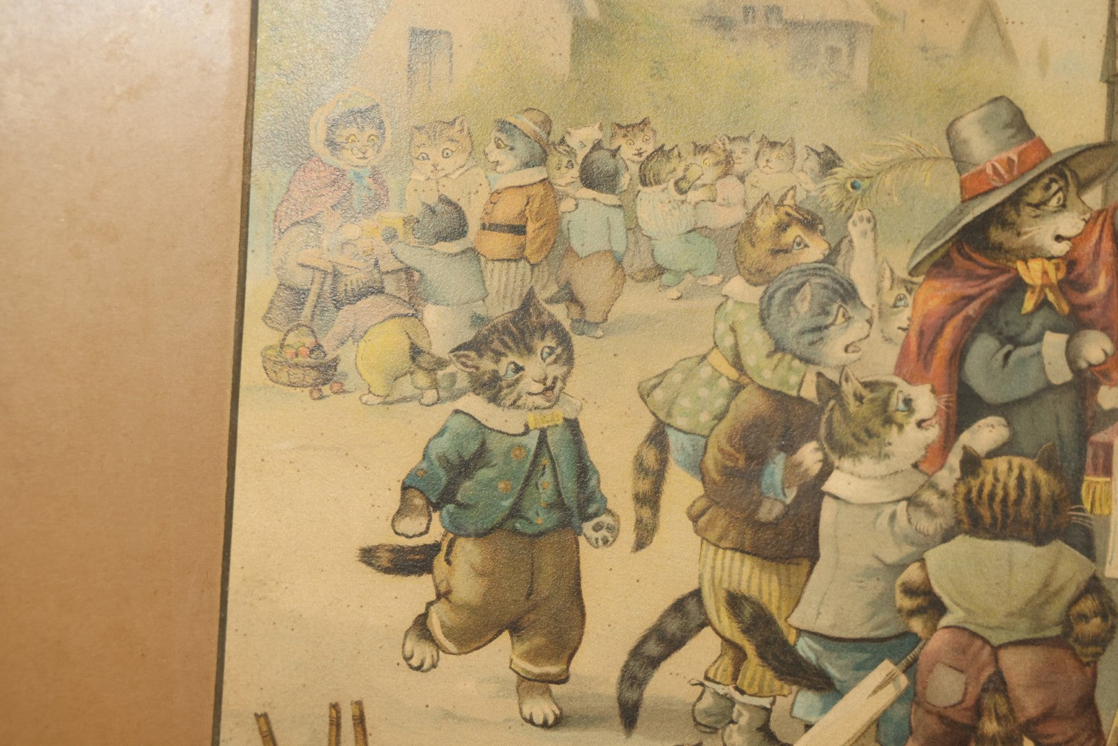 Antique Framed Louis Wain Chromolithograph Print, "Mrs. Tabitha's Cats Academy" with Anthropomorphic Cats Children Watching Performing Mice Show
