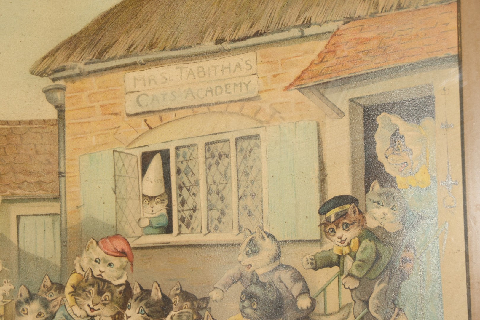 Antique Framed Louis Wain Chromolithograph Print, "Mrs. Tabitha's Cats Academy" with Anthropomorphic Cats Children Watching Performing Mice Show