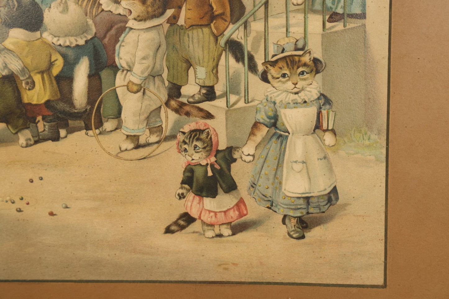 Antique Framed Louis Wain Chromolithograph Print, "Mrs. Tabitha's Cats Academy" with Anthropomorphic Cats Children Watching Performing Mice Show