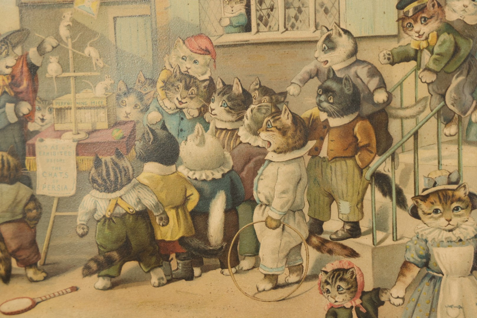 Antique Framed Louis Wain Chromolithograph Print, "Mrs. Tabitha's Cats Academy" with Anthropomorphic Cats Children Watching Performing Mice Show