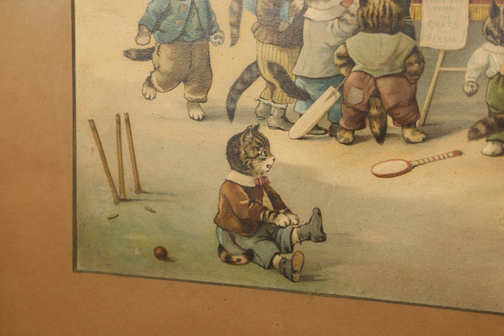 Antique Framed Louis Wain Chromolithograph Print, "Mrs. Tabitha's Cats Academy" with Anthropomorphic Cats Children Watching Performing Mice Show