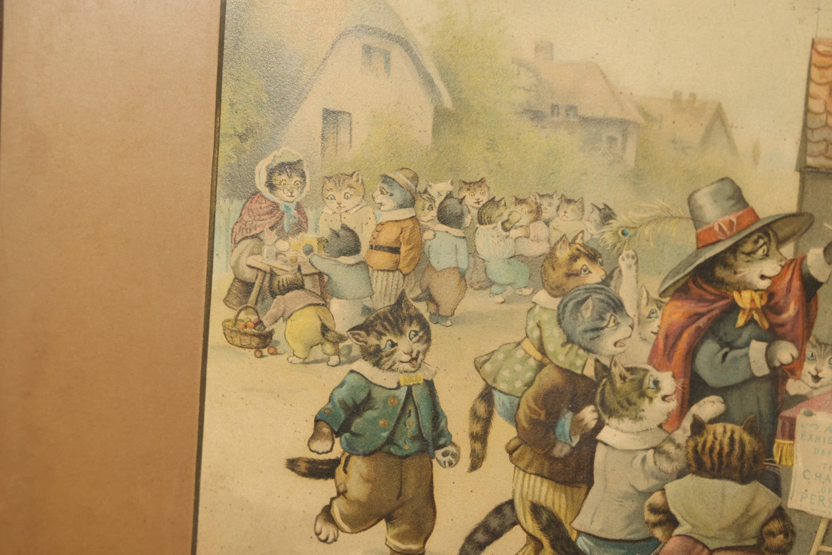 Antique Framed Louis Wain Chromolithograph Print, "Mrs. Tabitha's Cats Academy" with Anthropomorphic Cats Children Watching Performing Mice Show