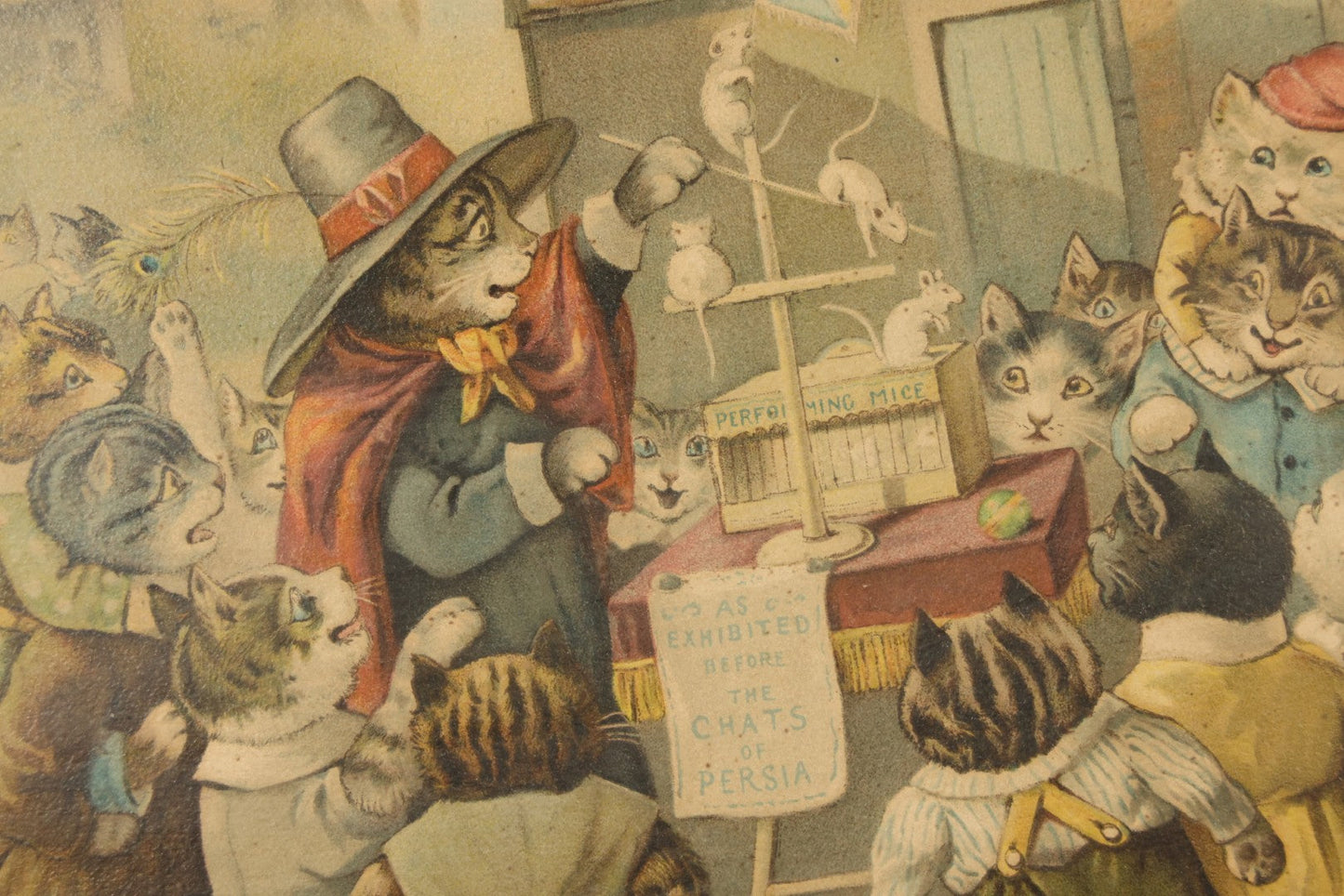 Antique Framed Louis Wain Chromolithograph Print, "Mrs. Tabitha's Cats Academy" with Anthropomorphic Cats Children Watching Performing Mice Show