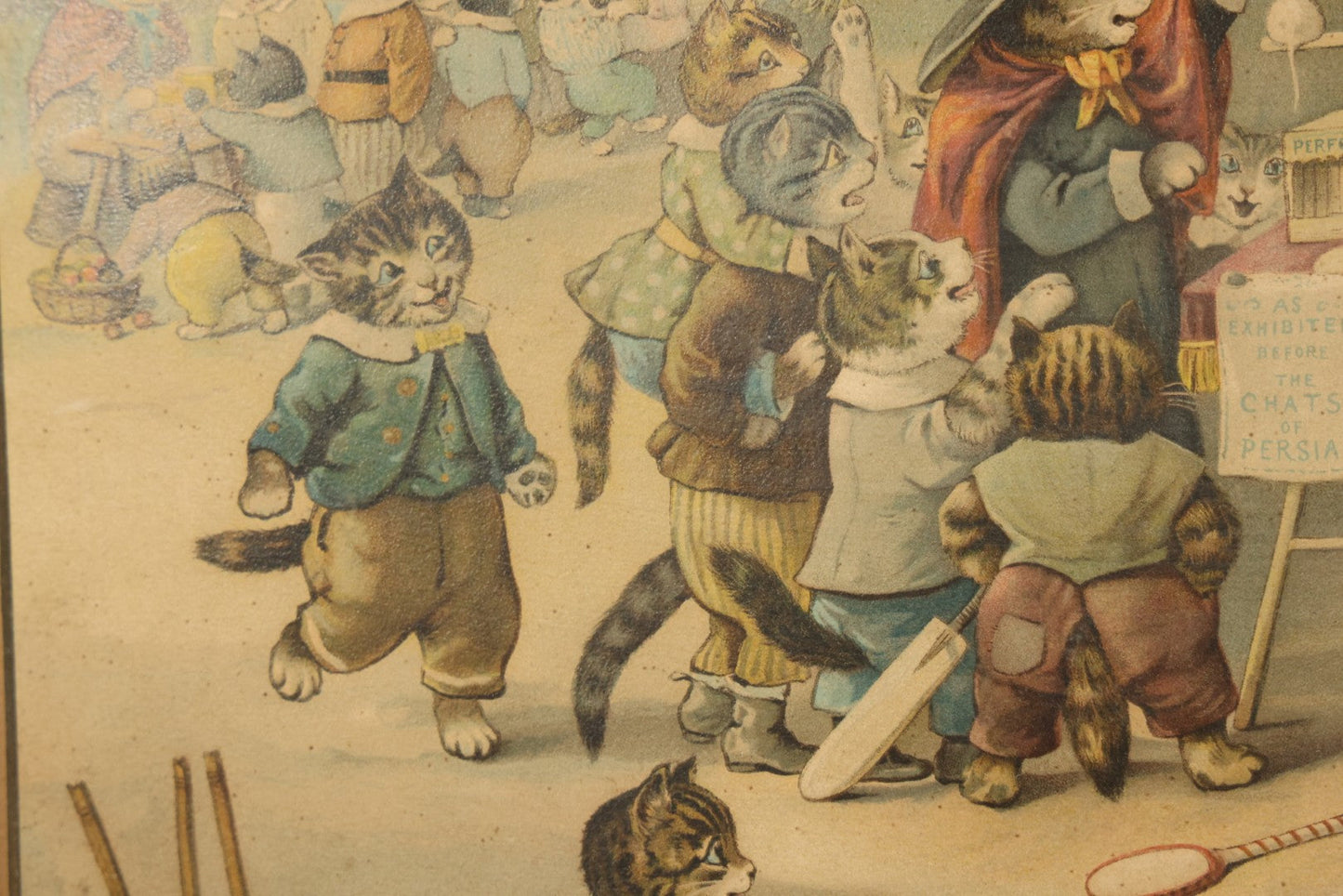 Antique Framed Louis Wain Chromolithograph Print, "Mrs. Tabitha's Cats Academy" with Anthropomorphic Cats Children Watching Performing Mice Show