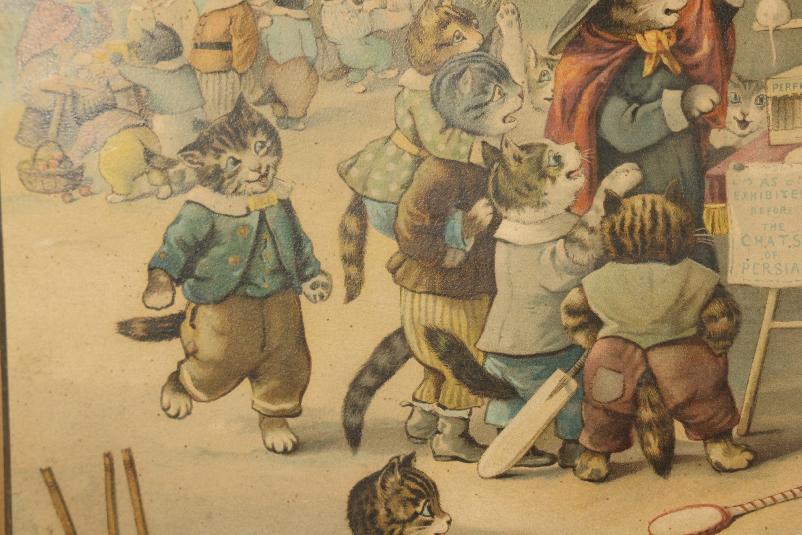 Antique Framed Louis Wain Chromolithograph Print, "Mrs. Tabitha's Cats Academy" with Anthropomorphic Cats Children Watching Performing Mice Show