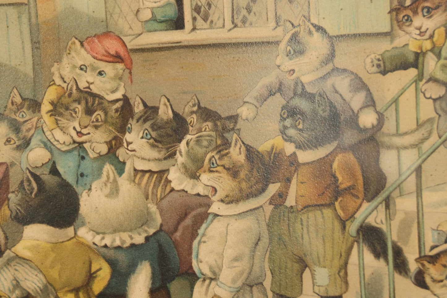 Antique Framed Louis Wain Chromolithograph Print, "Mrs. Tabitha's Cats Academy" with Anthropomorphic Cats Children Watching Performing Mice Show