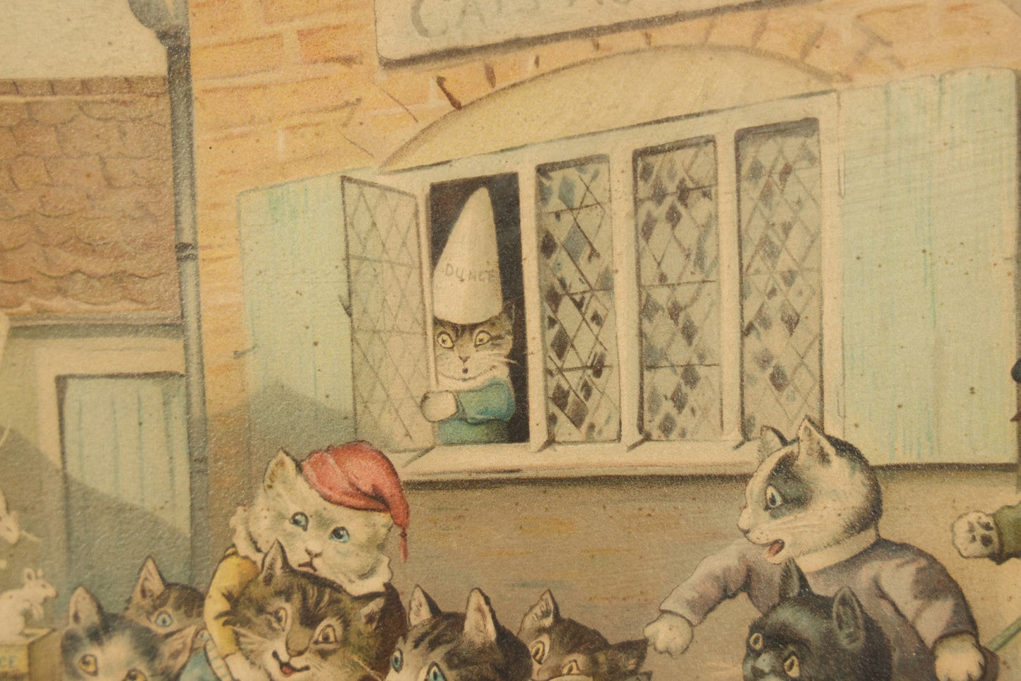 Antique Framed Louis Wain Chromolithograph Print, "Mrs. Tabitha's Cats Academy" with Anthropomorphic Cats Children Watching Performing Mice Show