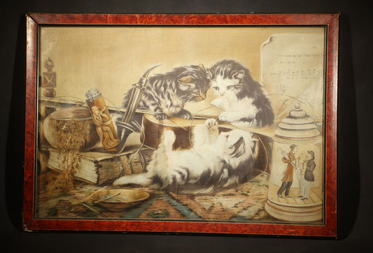Antique Framed Chromolithograph Print of Three Cats Playing with a Violin, With Sheet Music, Books, and Stein In Scene