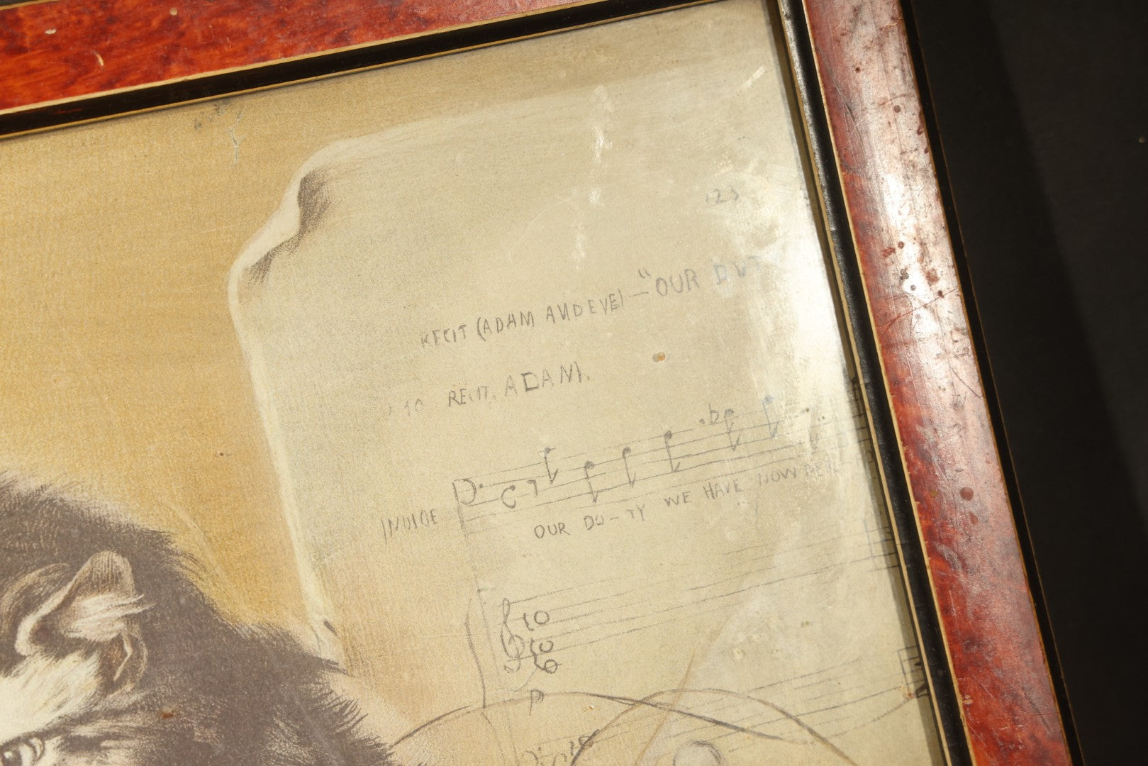Antique Framed Chromolithograph Print of Three Cats Playing with a Violin, With Sheet Music, Books, and Stein In Scene