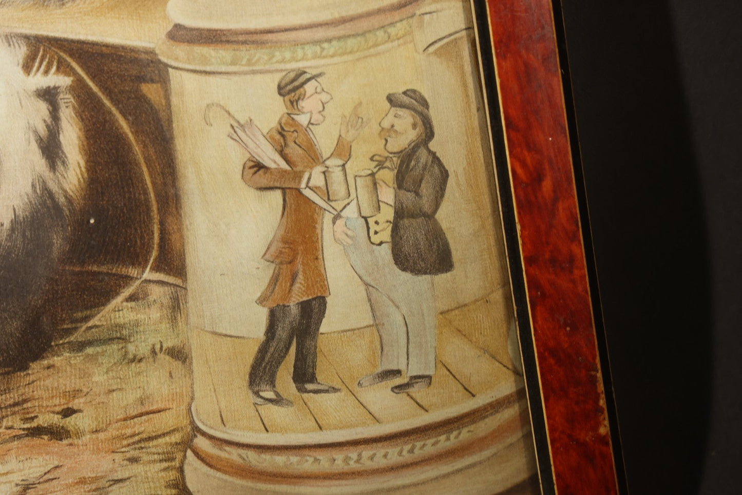 Antique Framed Chromolithograph Print of Three Cats Playing with a Violin, With Sheet Music, Books, and Stein In Scene