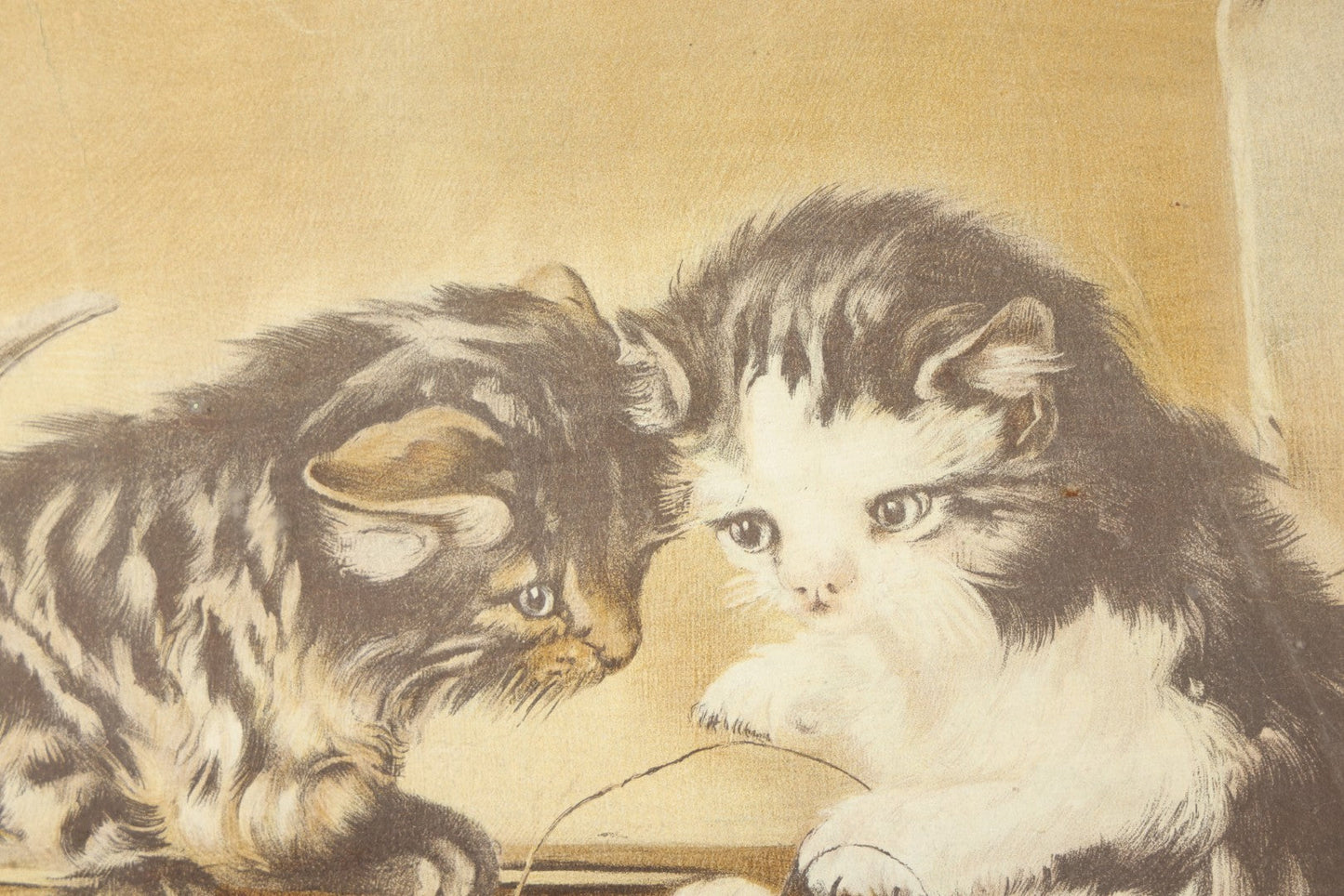 Antique Framed Chromolithograph Print of Three Cats Playing with a Violin, With Sheet Music, Books, and Stein In Scene
