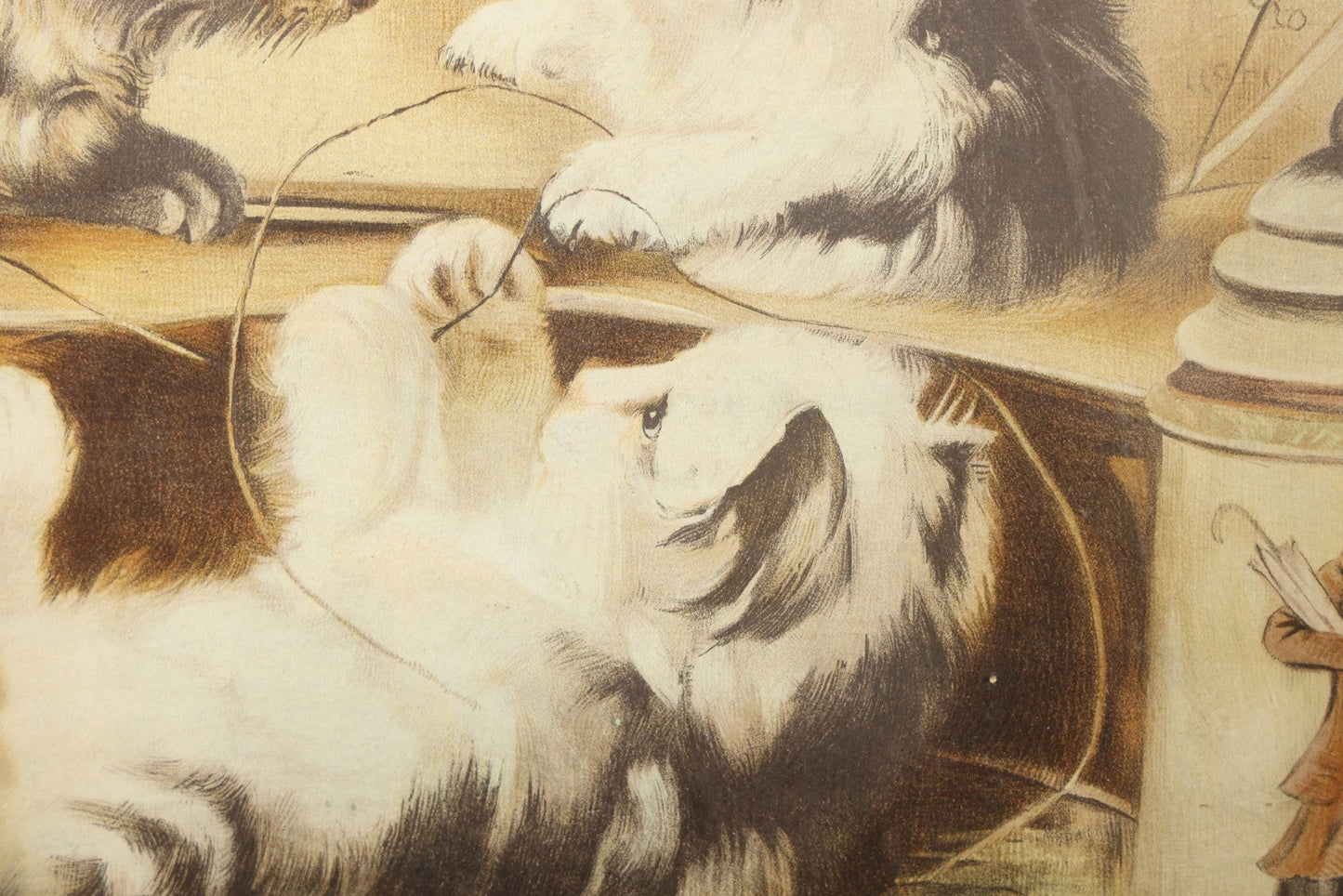 Antique Framed Chromolithograph Print of Three Cats Playing with a Violin, With Sheet Music, Books, and Stein In Scene