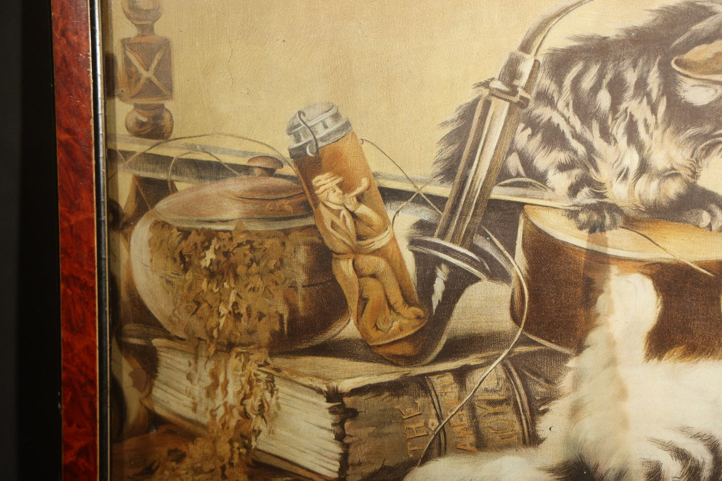 Antique Framed Chromolithograph Print of Three Cats Playing with a Violin, With Sheet Music, Books, and Stein In Scene