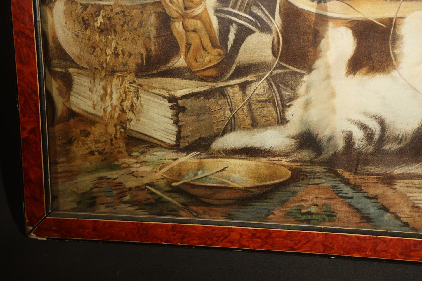 Antique Framed Chromolithograph Print of Three Cats Playing with a Violin, With Sheet Music, Books, and Stein In Scene