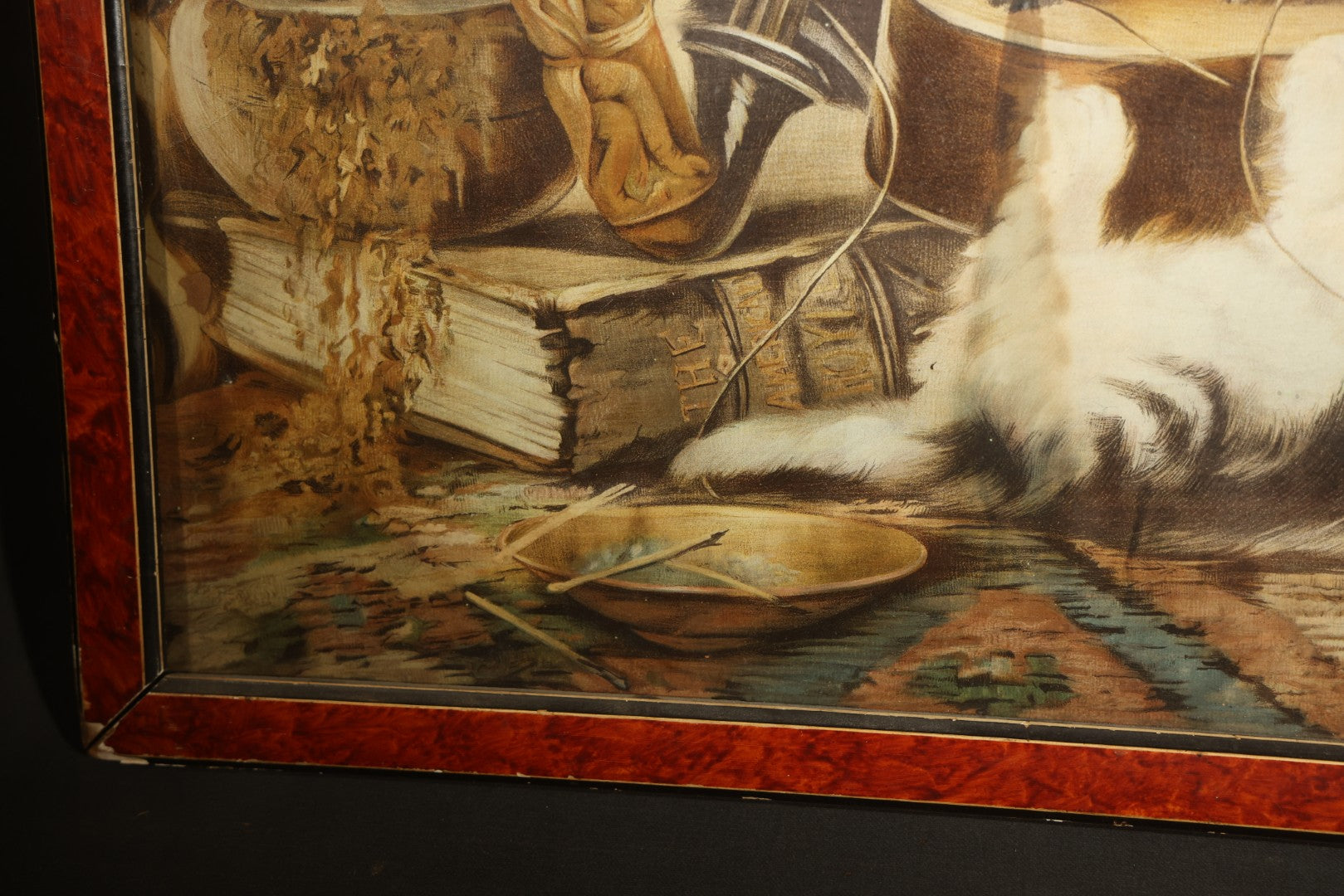 Antique Framed Chromolithograph Print of Three Cats Playing with a Violin, With Sheet Music, Books, and Stein In Scene