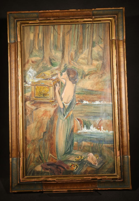 Antique Framed Watercolor Painting on Paper, "Pandora" after John William Waterhouse (English, 1849-1917), Signed "After J.W. Waterhouse"