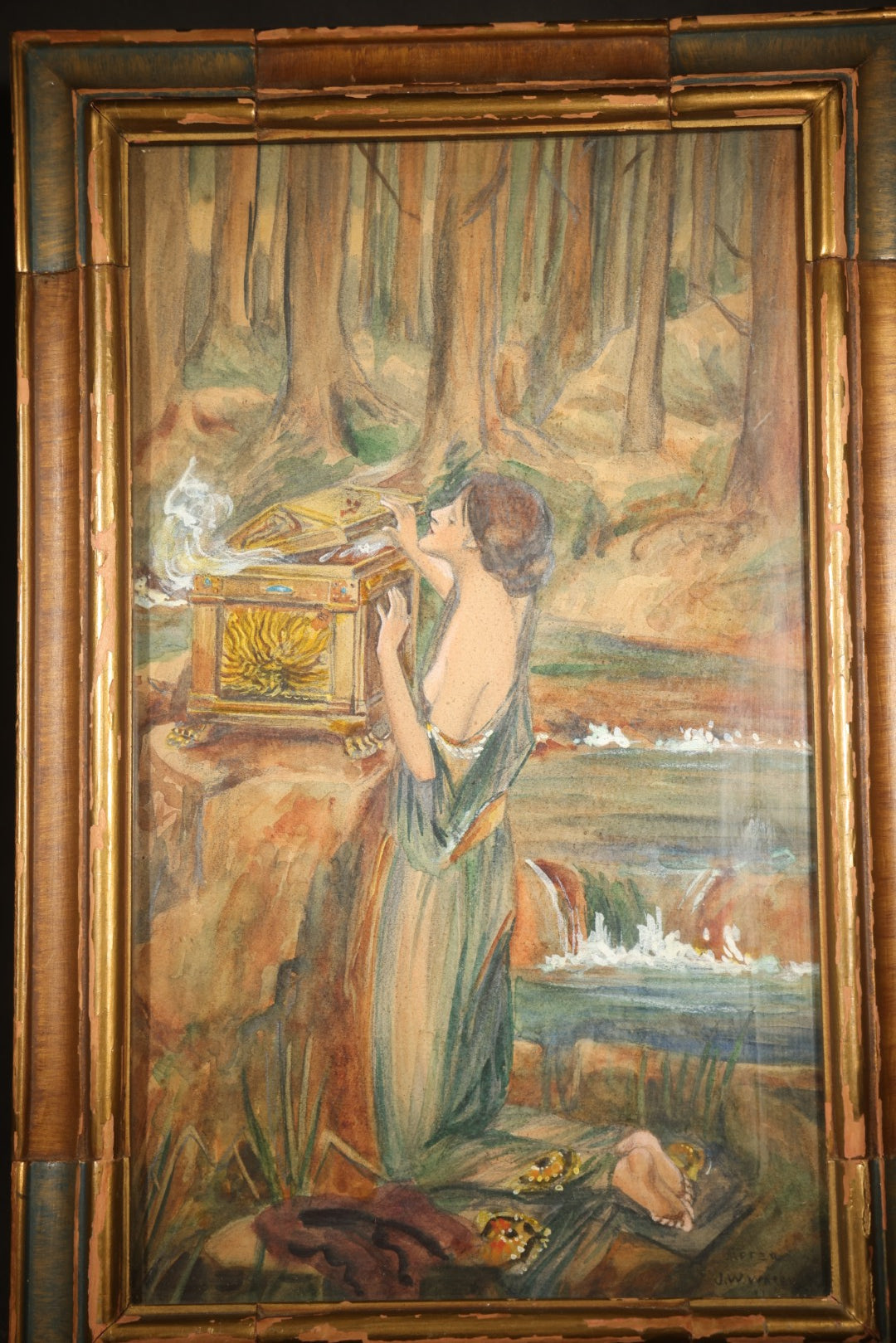 Antique Framed Watercolor Painting on Paper, "Pandora" after John William Waterhouse (English, 1849-1917), Signed "After J.W. Waterhouse"