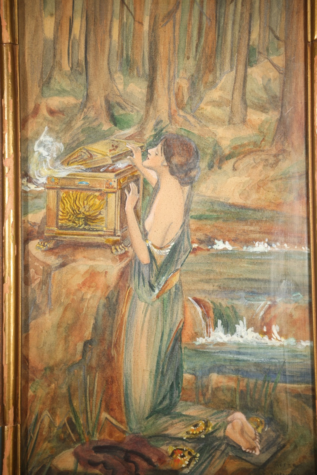 Antique Framed Watercolor Painting on Paper, "Pandora" after John William Waterhouse (English, 1849-1917), Signed "After J.W. Waterhouse"