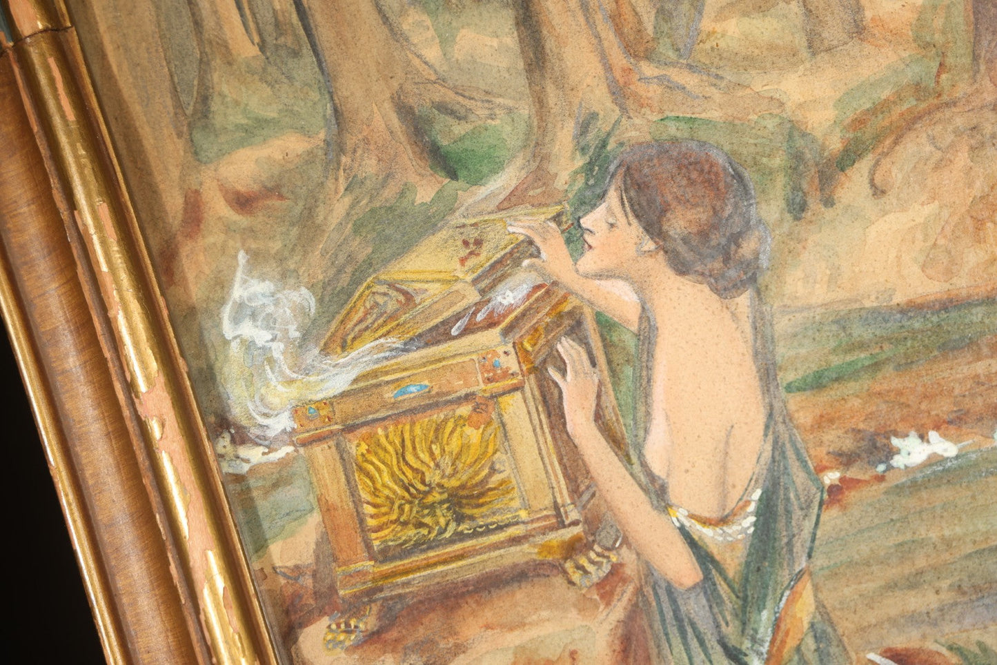 Antique Framed Watercolor Painting on Paper, "Pandora" after John William Waterhouse (English, 1849-1917), Signed "After J.W. Waterhouse"