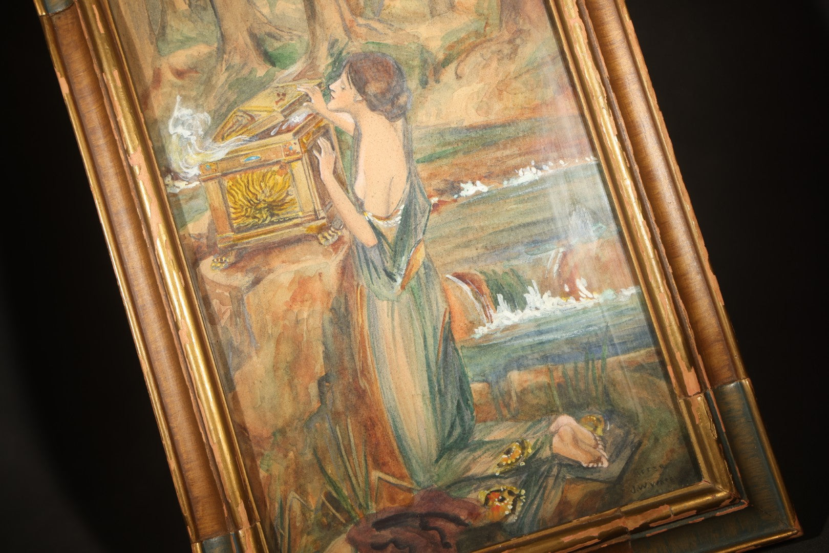 Antique Framed Watercolor Painting on Paper, "Pandora" after John William Waterhouse (English, 1849-1917), Signed "After J.W. Waterhouse"