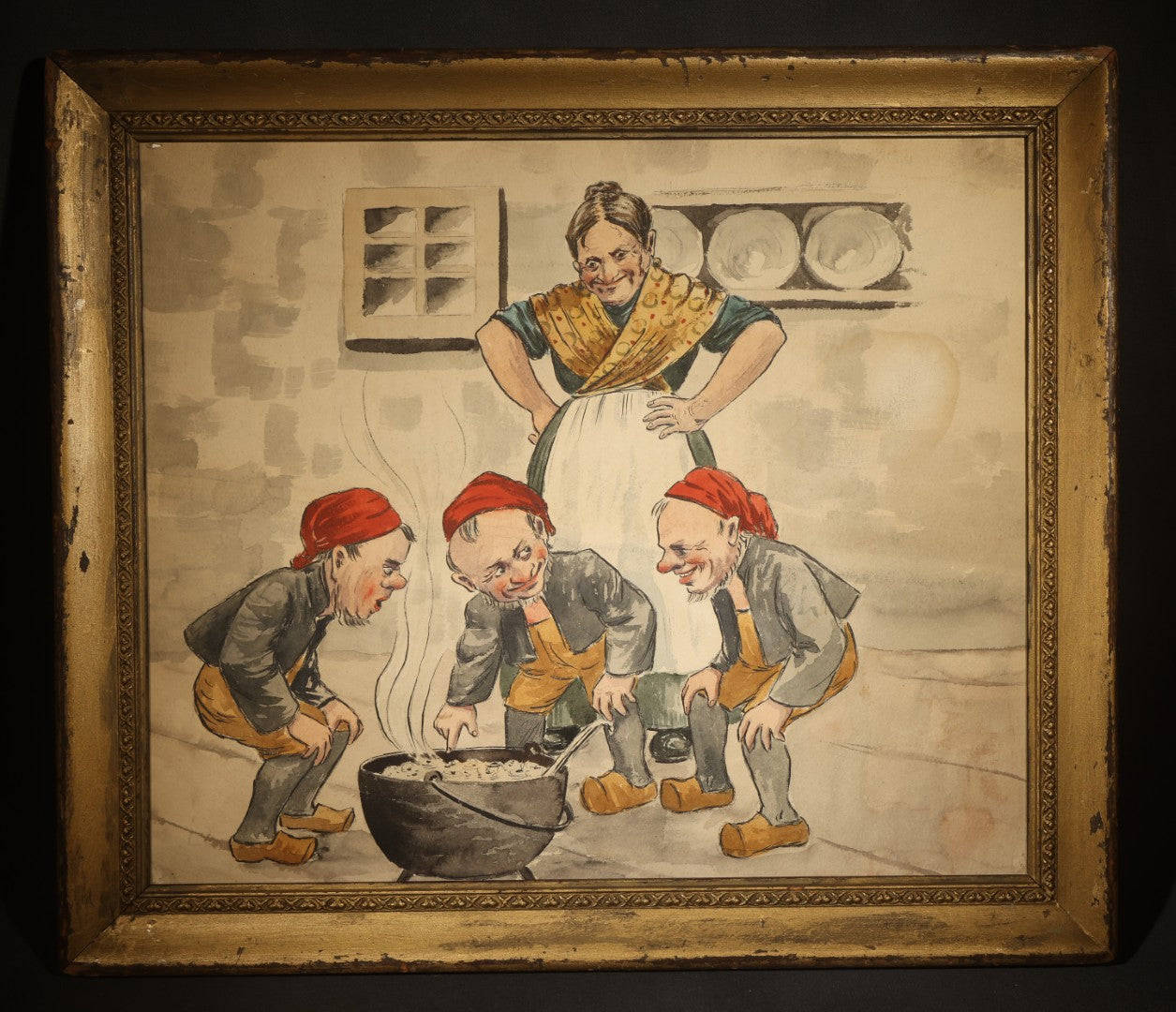 Antique Watercolor Painting on Paper, Scandinavian Nisse Folklore Scene with Gnome Figures Gathered Around a Pot of Porridge, Framed
