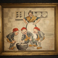 Lot 059 - Antique Watercolor Painting on Paper, Scandinavian Nisse Folklore Scene with Gnome Figures Gathered Around a Pot of Porridge, Framed, 18-1/8" W x 15-5/8" H