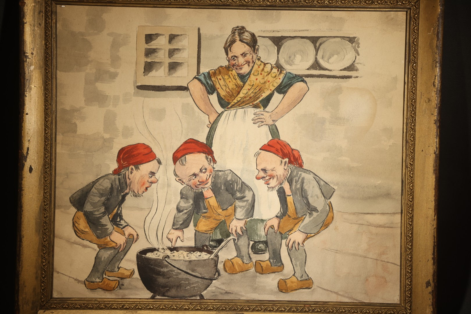Antique Watercolor Painting on Paper, Scandinavian Nisse Folklore Scene with Gnome Figures Gathered Around a Pot of Porridge, Framed