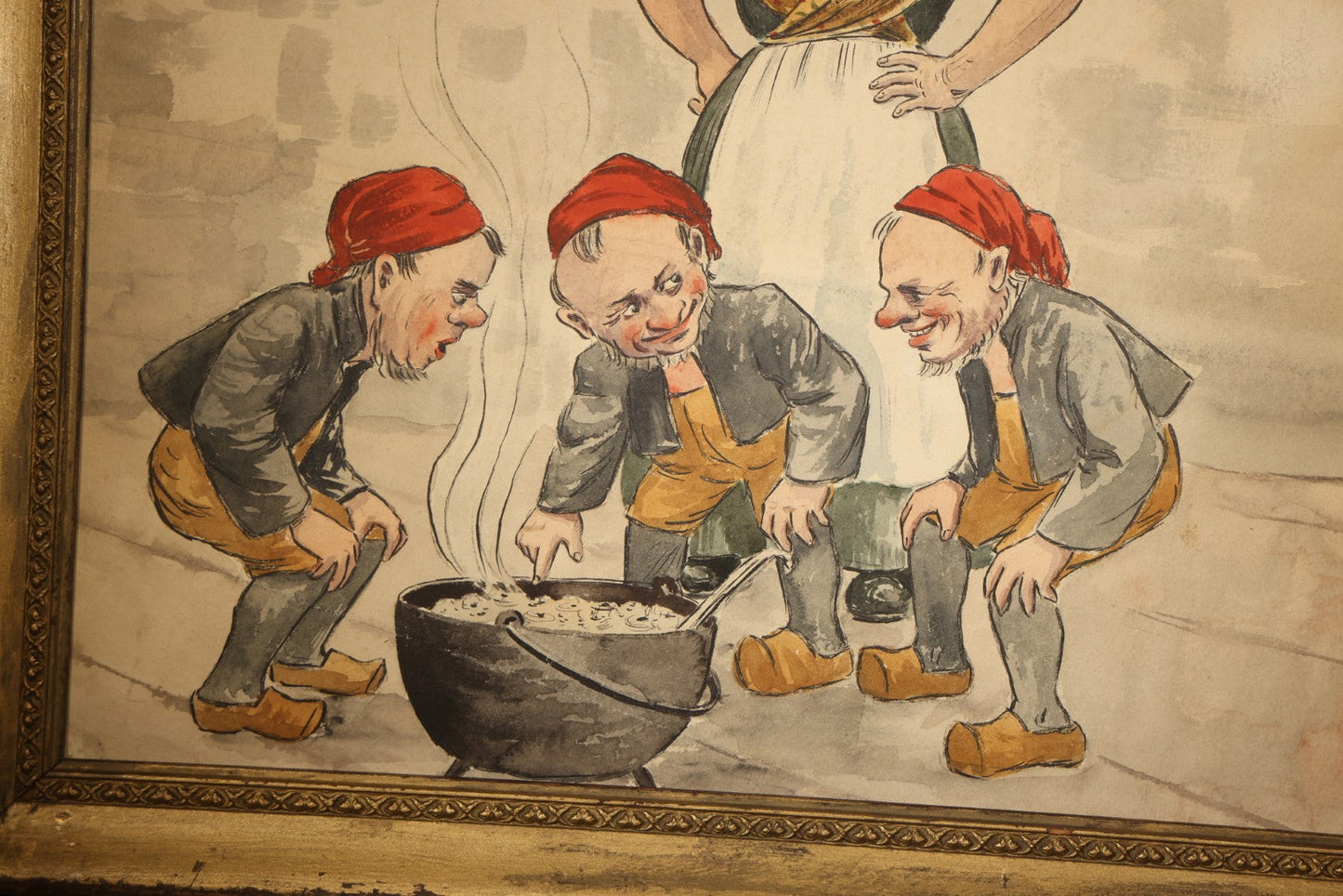 Antique Watercolor Painting on Paper, Scandinavian Nisse Folklore Scene with Gnome Figures Gathered Around a Pot of Porridge, Framed