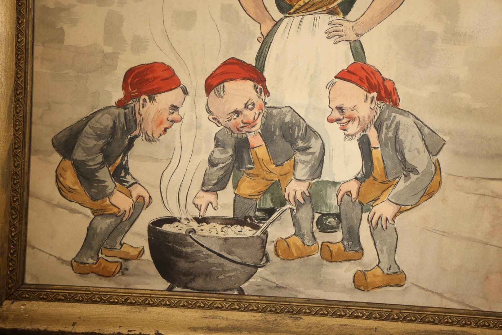 Antique Watercolor Painting on Paper, Scandinavian Nisse Folklore Scene with Gnome Figures Gathered Around a Pot of Porridge, Framed