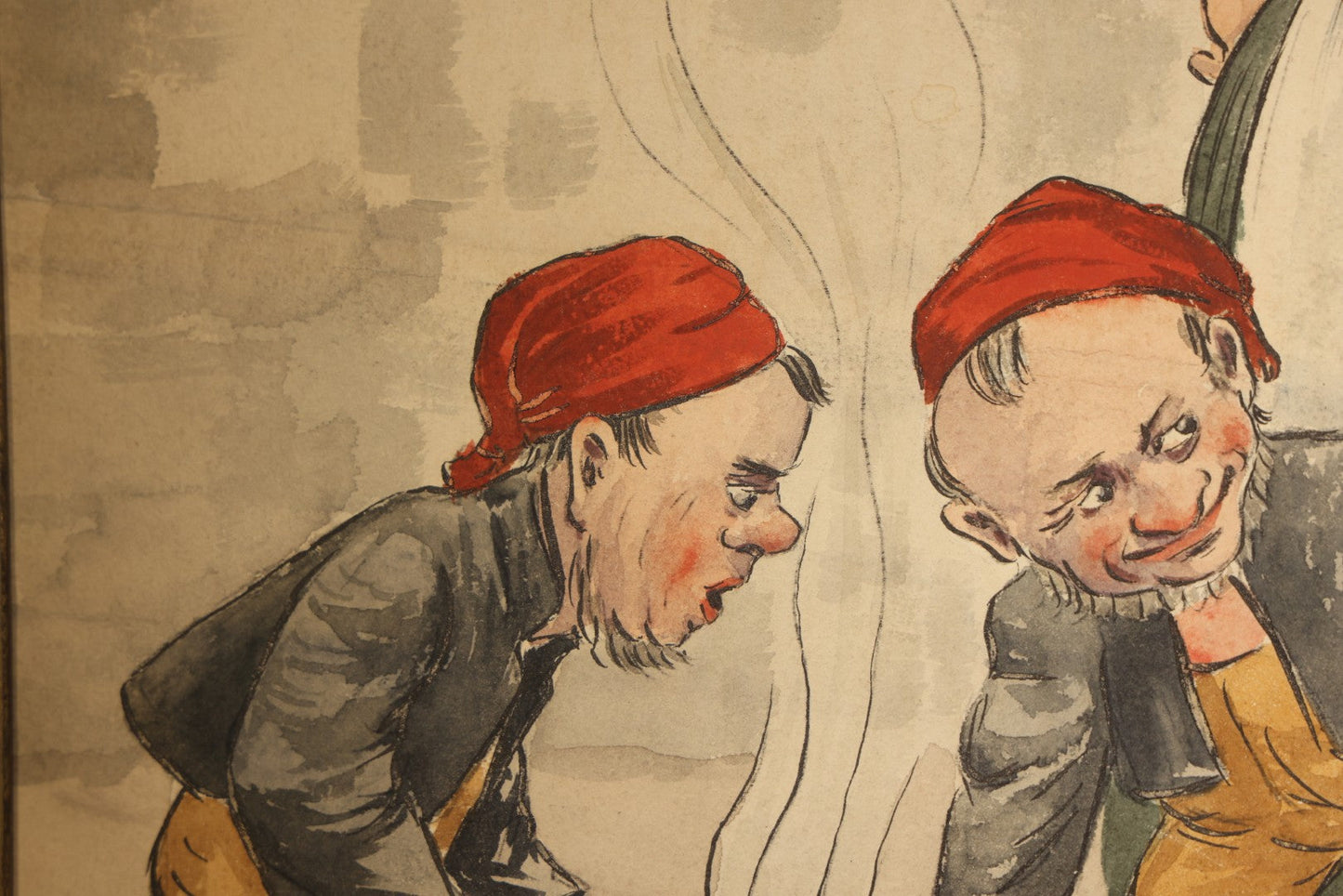 Antique Watercolor Painting on Paper, Scandinavian Nisse Folklore Scene with Gnome Figures Gathered Around a Pot of Porridge, Framed