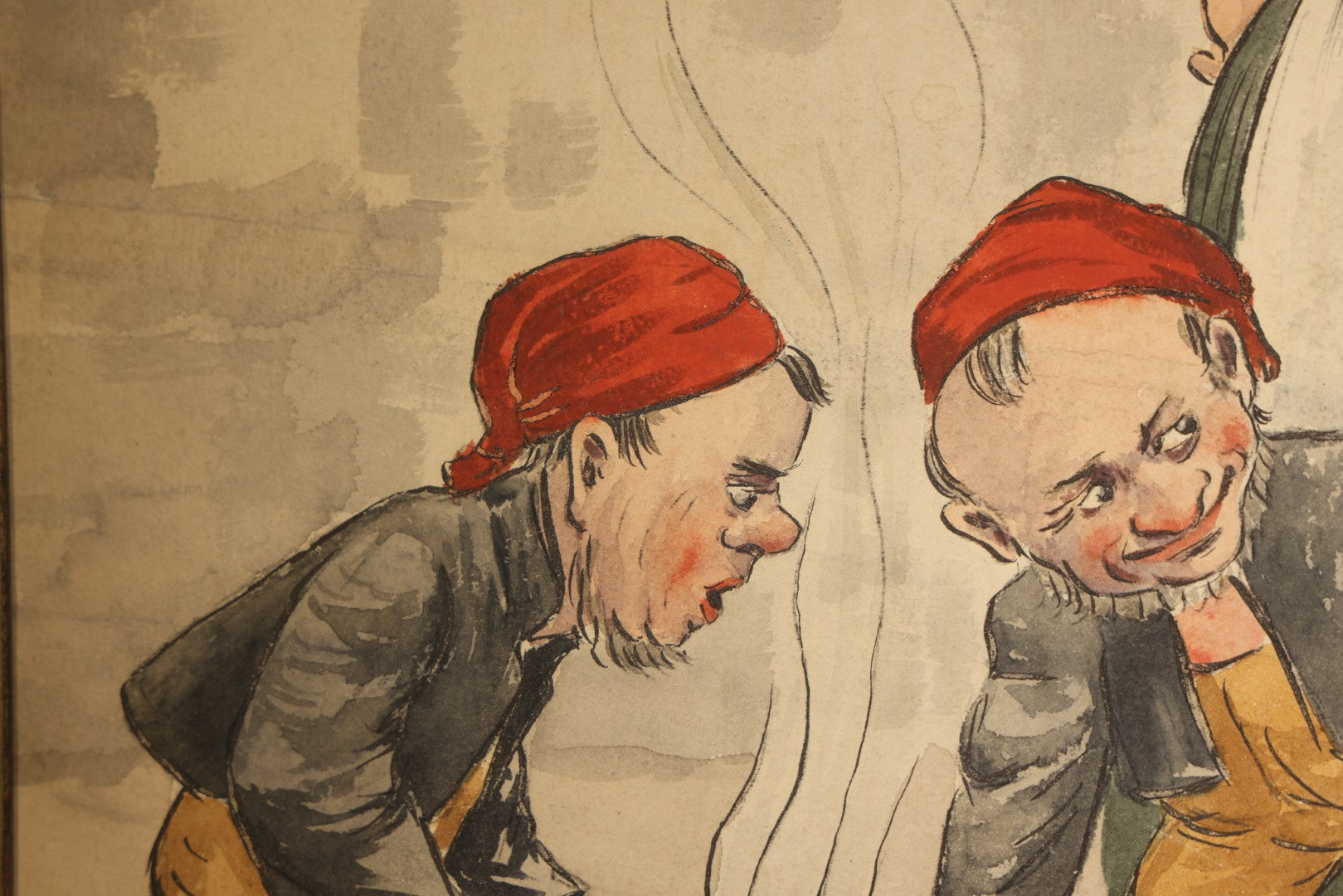 Antique Watercolor Painting on Paper, Scandinavian Nisse Folklore Scene with Gnome Figures Gathered Around a Pot of Porridge, Framed